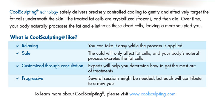 CoolSculpting technology safely delivers precisely controlled cooling to gently and effectively target the fat cells underneath the skin. The treated fat cells are crystallized (frozen), and then die. Over time, your body naturally processes the fat and eliminates these dead cells, leaving a more sculpted you. 